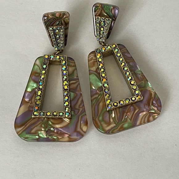 Heidi Daus abalone shell print plastic, Swarovski crystal pierced earrings